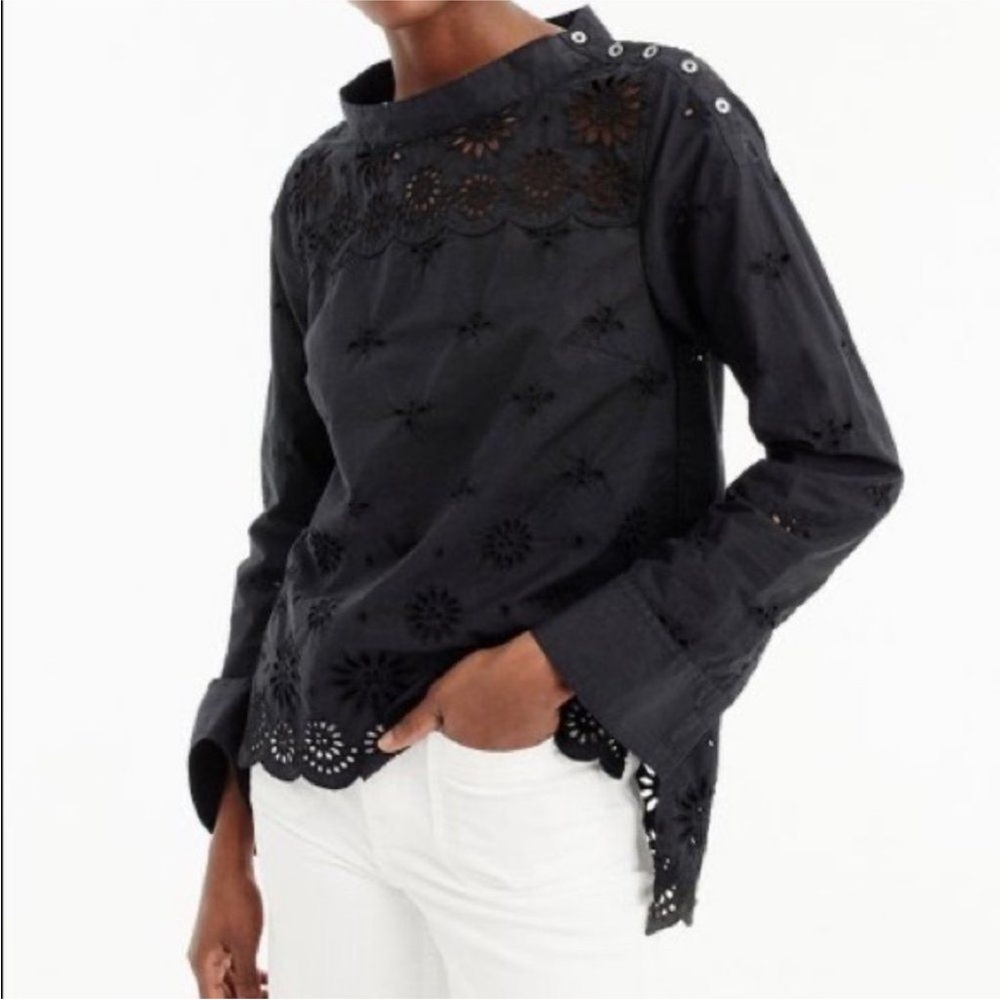 Jcrew black eyelet, funnel neck blouse- size 4